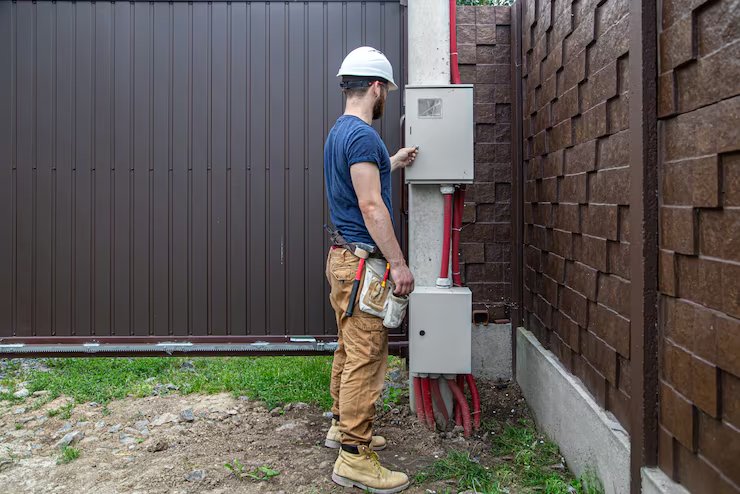 Electrician checking outdoor electrical boxes mounted on a post beside a gate