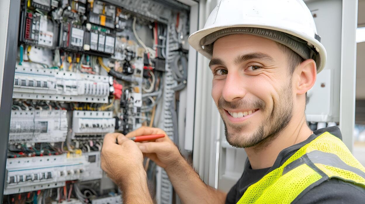 Smiling Tampa electrician in a hard hat and safety vest working on an electrical panel
